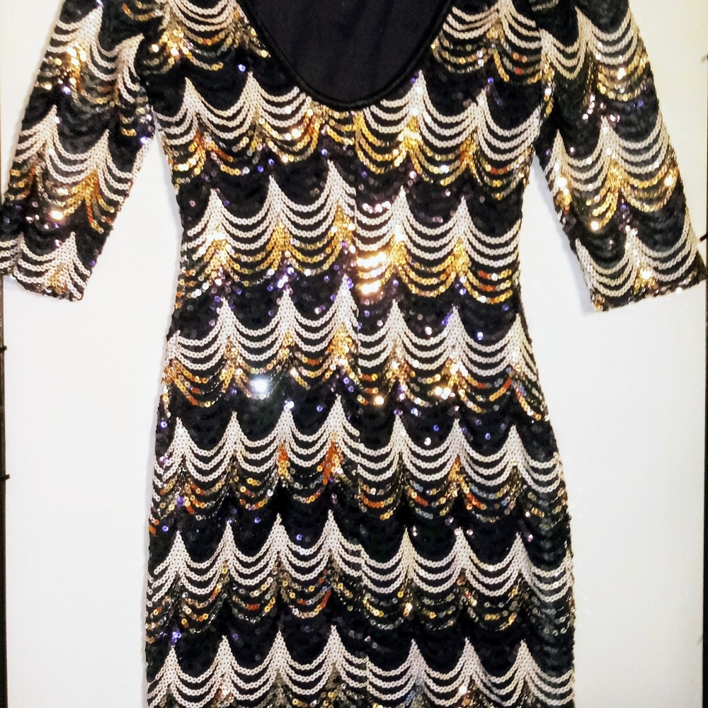 Beautiful Black Silver Sequin Scoop Back Dress EUC